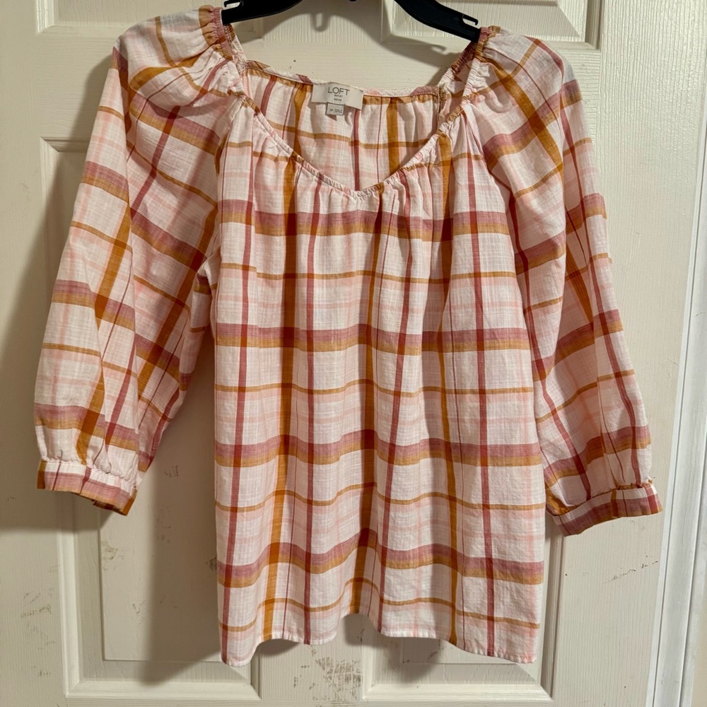 LOFT Pink and Orange Plaid Blouse